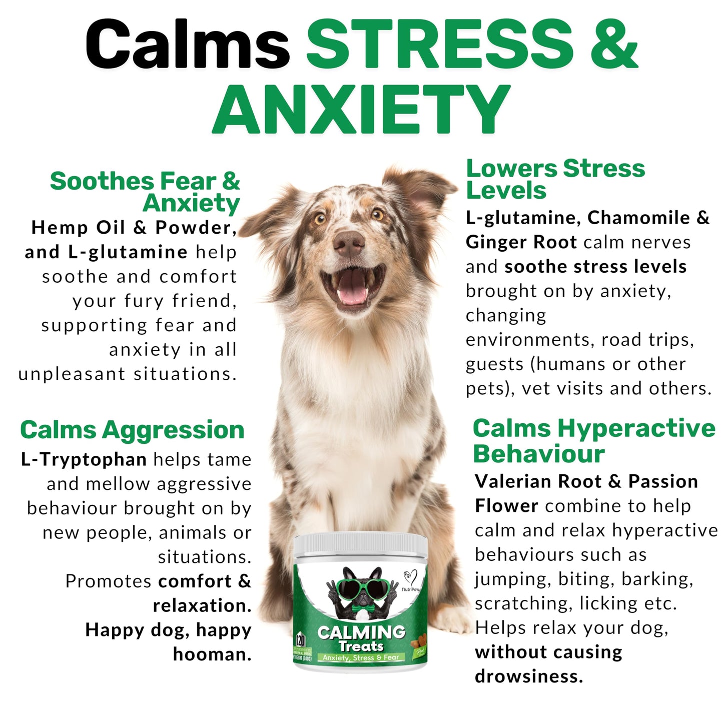 NutriPaw Calming Treats For Dogs - Reduce Stress, Fear, Separation, Barking, Hyperactivity, Reactivity, Aggression, Travel - Calm without Drowsiness dogs